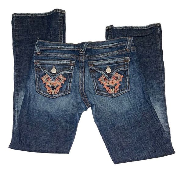 Plastic by Gly Distressed Collin Flap Mid-Rise Boot Cut Denim Jeans Size 11 - Picture 2 of 8